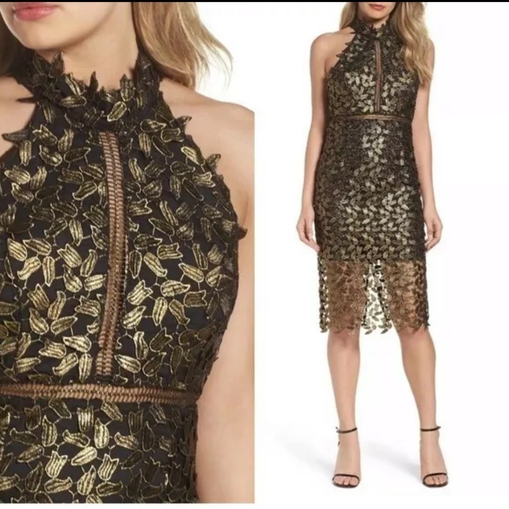 Bardot, Gemma Halter Dress Black/ Gold Leaf, Small Size 6